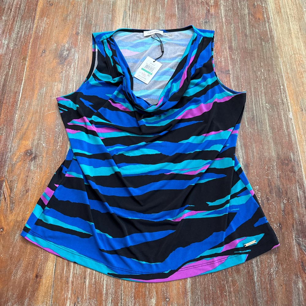 Calvin Klein Large Black Blue Teal Cowl Neck Tank Top NWT